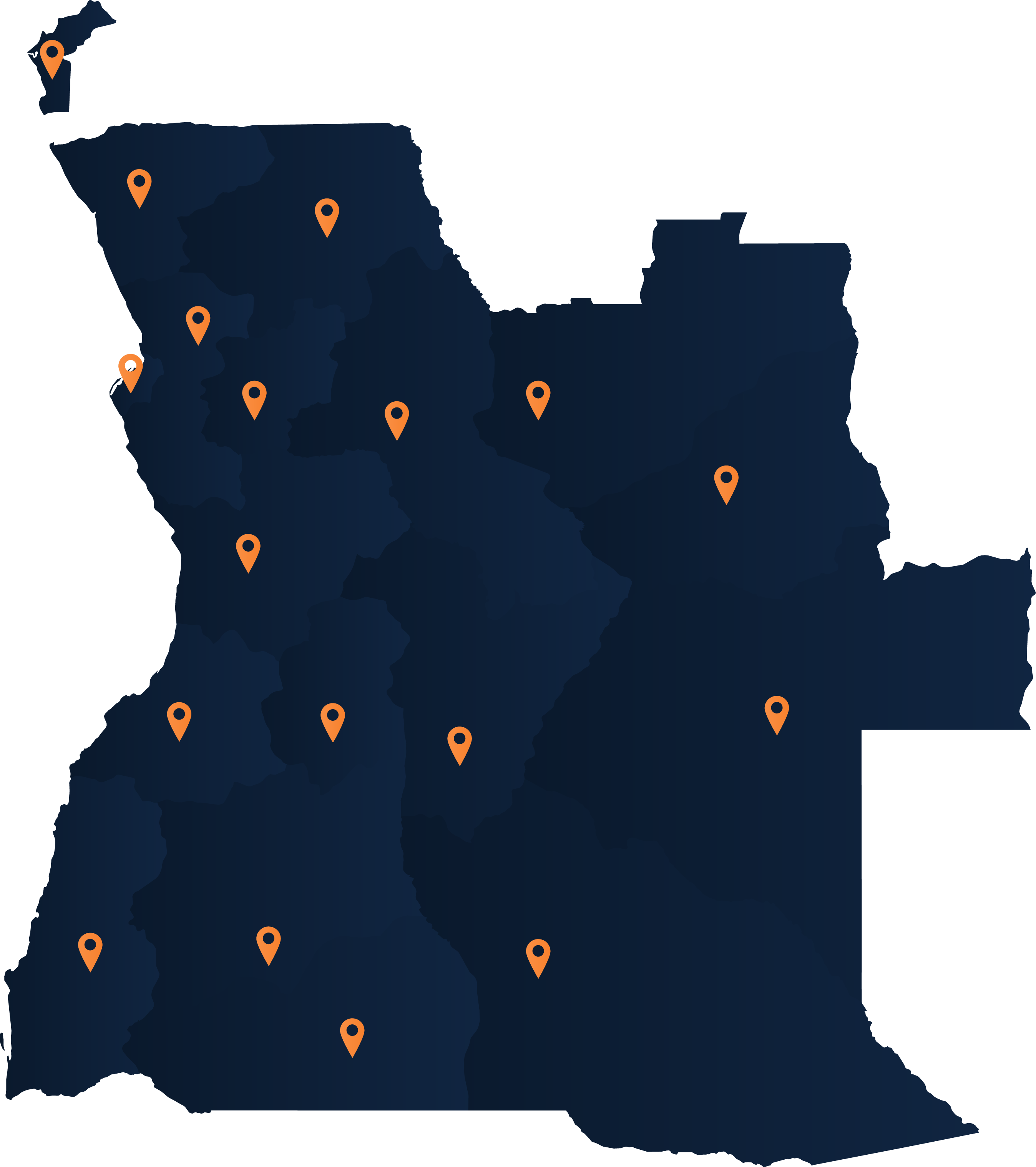 Mapa de Angola mostrando todas as 18 províncias com marcadores de cobertura da R&B Transportes e Logística, de Cabinda ao Cunene